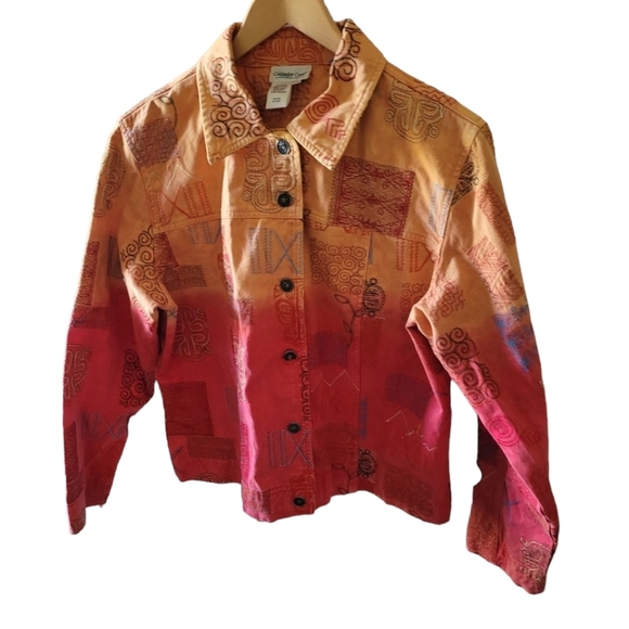 Coldwater Creek Orange Red Orange Denim Jean Jacket With Southwestern Embroidery - Picture 1 of 6